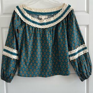 Luna Moon Teal & Gold Crochet Cropped L/S Cotton Peasant Style Top Boho Size XL